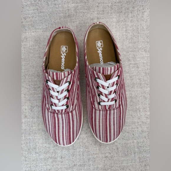 NWOB Spenco Khloe Kick canvas slip on sneakers shoes sz 7D Wide red/white stripe - Picture 7 of 10